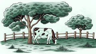 A spotted cow grazes beside a wooden fence in an open green pasture.
