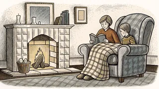 A cozy reading corner features a plaid blanket and quilt beside a warm fireplace.
