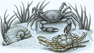 Various crustaceans including crabs, lobsters, and shrimp with hard protective shells.