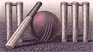A leather cricket ball rests on a grass field with wooden cricket stumps standing beside it and a bat leaning against them.