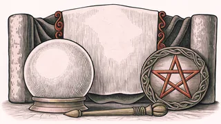 Magical artifacts including a glowing crystal sphere, wooden wand, and ancient manuscript on a stone altar.