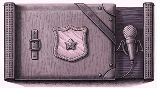 A police badge and microphone are arranged on a dark surface next to case materials.