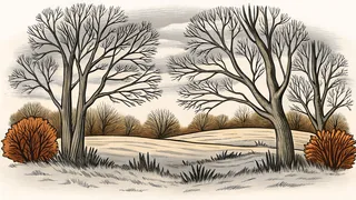 Frost-covered branches beneath a grey autumn sky.