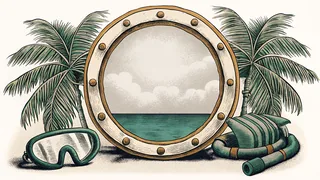 A round porthole overlooks a tropical horizon beside a coil of snorkeling gear.