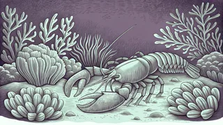 A lobster and shrimp share the ocean floor with colorful coral and sea life.