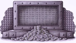 A computer terminal displays encrypted codes beside gold coins.