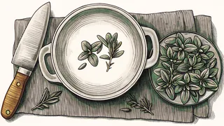 A chef's knife rests beside a saute pan and a simmering stockpot with fresh herbs.