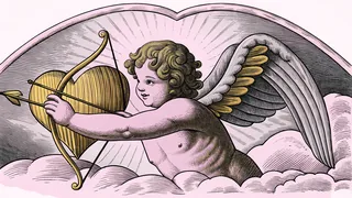 A cherubic Cupid aims his arrow at a floating golden heart.