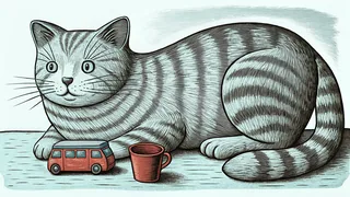 A striped cat naps beside a toy bus and a red cup in warm sunlight.