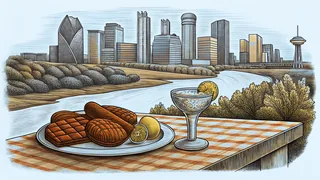 Dallas urban landscape with BBQ culture and cowboy heritage represented.