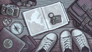 A compass and travel documents suggest adventures to dangerous and distant lands.