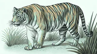 A stalking tiger walks through tall grass beneath mountains and trees.