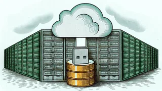 Data storage devices arranged together—USB drive, external drive, and cloud icon.
