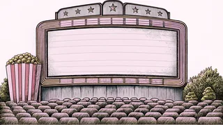 A small-town movie theater marquee stands above a popcorn counter with cinema seating inside.