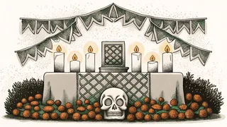 A festive altar decorated with marigolds, candles, and colorful paper ornaments.