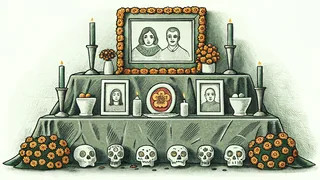 A Day of the Dead altar with marigolds, candles, and photos.