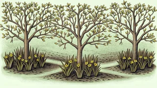 Garden with sprouting daffodils and fresh buds in muddy spring earth.