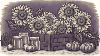 Tall sunflowers lean above a wooden crate of tomatoes and peaches set beside empty glass canning jars.