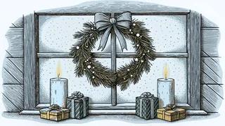 A holiday wreath above wrapped gifts and lit candles in winter snow.