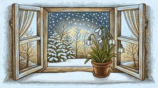 A frosted winter window with sleet outside, potted snowdrop, and cozy warmth.