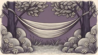 A canvas hammock hangs between two trees near a cluster of peonies and a basket of strawberries.