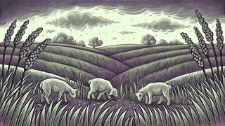 Spring field featuring sprouting shoots, seeds being sown, young lambs, and breezy winds.