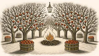 Glowing at harvest time, an autumn orchard shines with bonfire and lantern light