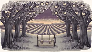 An orchard with ripening fruit, golden stubble fields, school satchel, and autumn colors.