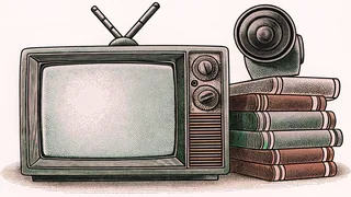 A vintage projector lens stands before stacked blank comic volumes beside a boxy television with rabbit-ear antennae.