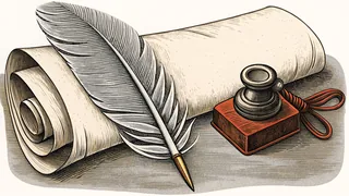 A goose-feather quill and a stoppered inkwell beside a wax block and its stamp handle, with a blank rolled parchment behind them.