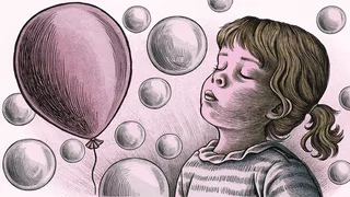 A child blowing bubbles while holding a balloon, practicing deep breathing exercises.