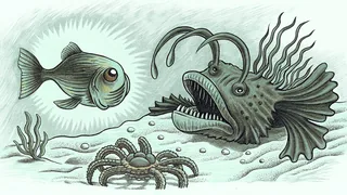 Otherworldly deep-sea creatures including bioluminescent anglerfish and giant spider crabs.