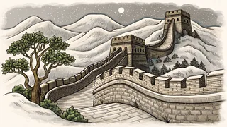 The Great Wall of China curves across rugged mountains under a vast starry expanse.