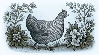 A blue hen chicken with peach blossoms and American holly in springtime bloom.