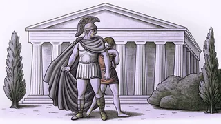 Classical Greek heroes including Heracles with a lion skin and Achilles in full armor.
