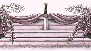 A sword laid across a stone step beside a drooping sprig of wisteria blossom.
