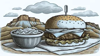 A cheeseburger and chipotle plate sits with Denver's mile-high red rocks beyond.