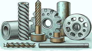 Industrial CNC machines and cutting tools on a precision engineering workbench in a factory setting.