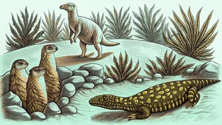 A camel walking across desert dunes with meerkats standing guard and a Gila monster nearby.