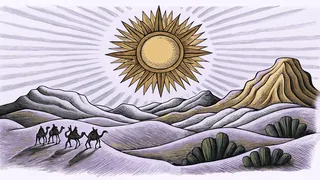A desert landscape with golden dunes and distant mountains under a hot sun.