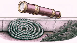 A small brass telescope and a coil of rope resting on a stone ledge.