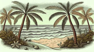A tropical beach with palm trees, warm ocean, white sand, and sunset sky for spring vacationing.