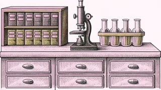 A microscope and specimen slides rest on a laboratory workbench among evidence containers.