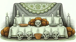 A festive Day of the Dead altar holds skulls, flowers, and candles.