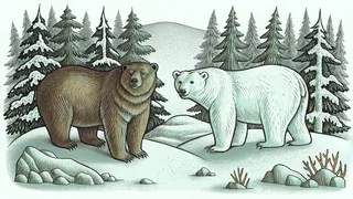 Different bear species stand in Arctic terrain with snow and ice