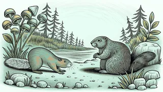 Forest rodents including a squirrel, beaver, and chipmunks in their natural woodland habitat.