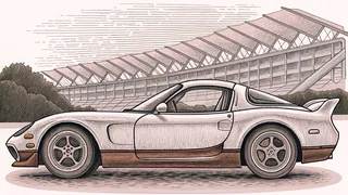 A high-performance sports car displayed with its hood open at a racetrack.