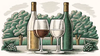 Wine glasses and bottles displaying different varietals on a tasting table.