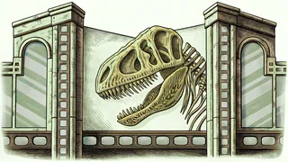 Showing skull and ribcage, a reconstructed dinosaur skeleton stands in a museum