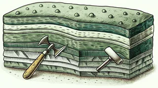 Excavation tools at a fossil dig site with layered sediment.